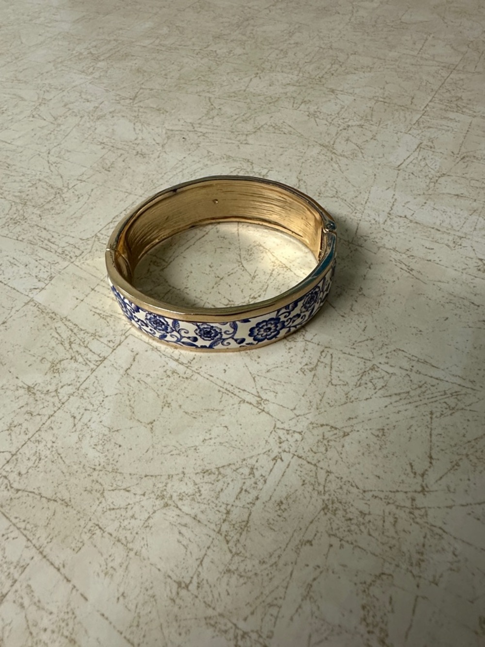 Gold-Tone Blue Floral Enamel Hinged Bangle Bracelet